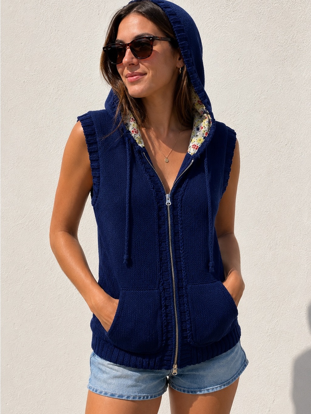 Free People Navy Hooded Knit Vest with Floral Lined Hood